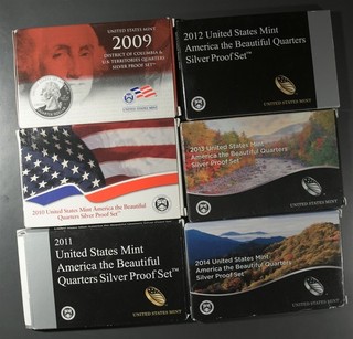 2009 2014 LOT OF 6 STATE & AMERICA THE BEAUTIFUL QUARTER SILVER PROOF SETS OGP