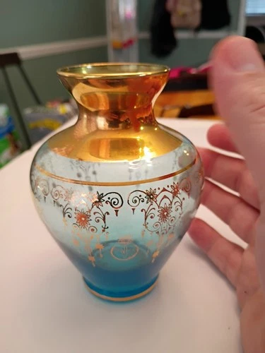 Vintage Vecchia Murano Venetian Turquoise Glass Vase w/24K Gold Trim High End