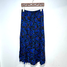 Vintage Liz Baker Essentials Blue Floral Maxi Skirt Elastic Waist Rayon Womens M