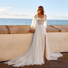 Chiffon Wedding Dresses Lace Side Slit Court Train Long Sleeve Tulle Bridal Gown