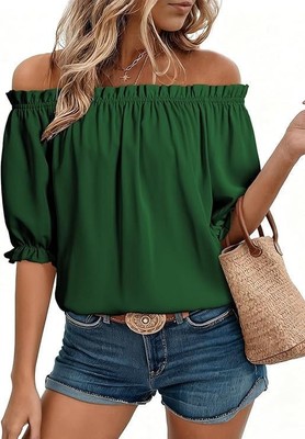 Evaless Women's Off The Shoulder Polyester Puff Sleeve Blouse - Green - XL