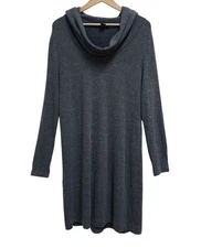 Joan Vaas Sweater Dress Sz XL Gray Knit Hooded Cowl Neck Thumb Hole Pullover