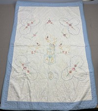 Vtg Baby Quilt Embroidered Yellow Ducks ABC Blocks Hand Stitched Country 35x51