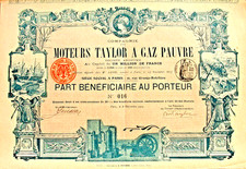 Moteurs Taylor a Gaz Pauvre S.A hist. Akcje + Kup. Paryż 1904 Francja France