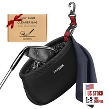 Golf Club Cleaner Bag with Towel, 360  Rotating Clip Black with Red Webbing