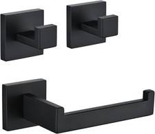 3PCS Bathroom Hardware Set, Matte Black Toilet Paper Holder, 2 Square Towel Robe