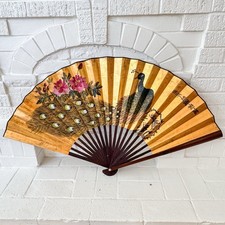 Vintage Hand painted Chinese Peacock Wall Fan Large 30” Gold Folding Fan Art
