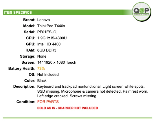 FOR PARTS: Lenovo ThinkPad T440s - 14" FHD Touch, 1.9GHz i5, 8GB RAM, NO SSD - Image 2 of 4