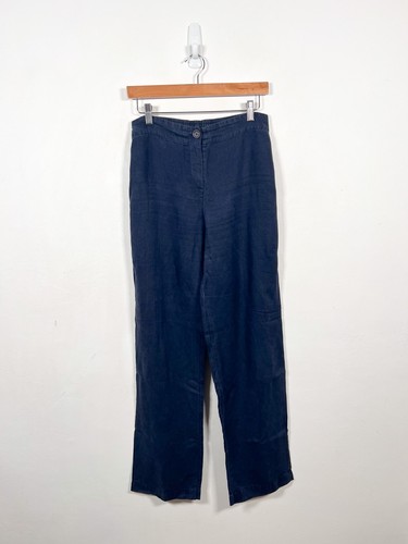 Crea Concept Linen Trousers Size 38 UK 10 Navy Blue Lagenlook Summer Casual