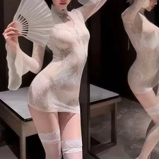 Women Fishnet Body Stockings Short dress Floral Long sleeve 2pcs Underwear 40019