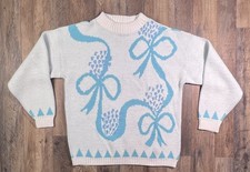 Vintage 80s Oversize Sweater Big Bow Allover Design White USA Large Alicia.