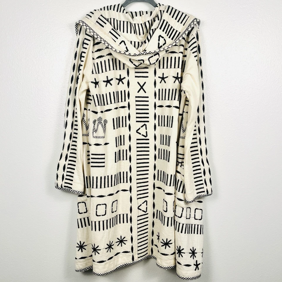 Biya Johnny Was Large Womens Ivory Black Embroidery Cotton Knit Hooded Cardigan - Image 4 of 4