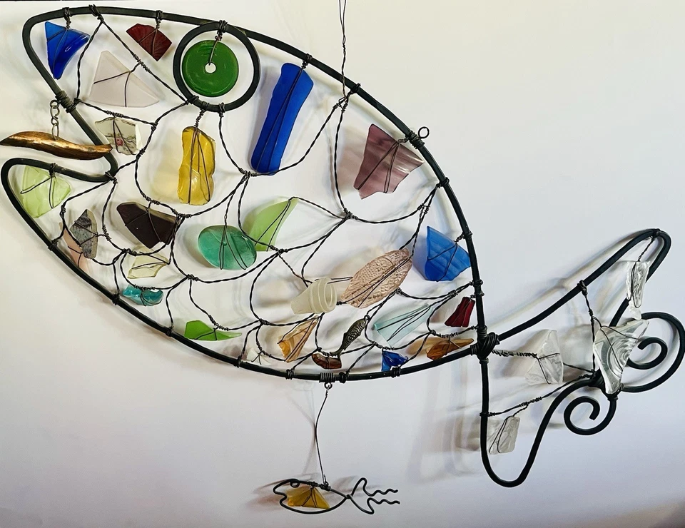 "Escultura móvil de vidrio de mar de alambre de pescado MCM arte moderno estilo calder grande 19""" Foto 2 de 4