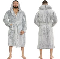 Dressing Gown Robe Men Soft Warm Hooded Sherpa Fleece Nightwear Silver S-5XL