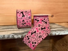Pink Paw Prints and Dog Bones Wired Ribbon 2.5" x 10 yd Hearts Vet Groomer