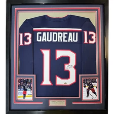 Framed Facsimile Autographed Johnny Gaudreau 35x39 Reprint Laser Auto Jersey