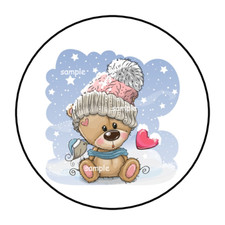 30 CUTE TEDDY BEAR WINTER STICKERS ENVELOPE SEALS LABELS 1.5" ROUND BIRD HEART