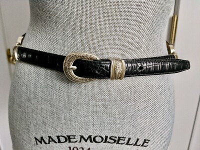 Brighton Skinny Black Smooth Crocodile Leather Belt Silver  display picture 2