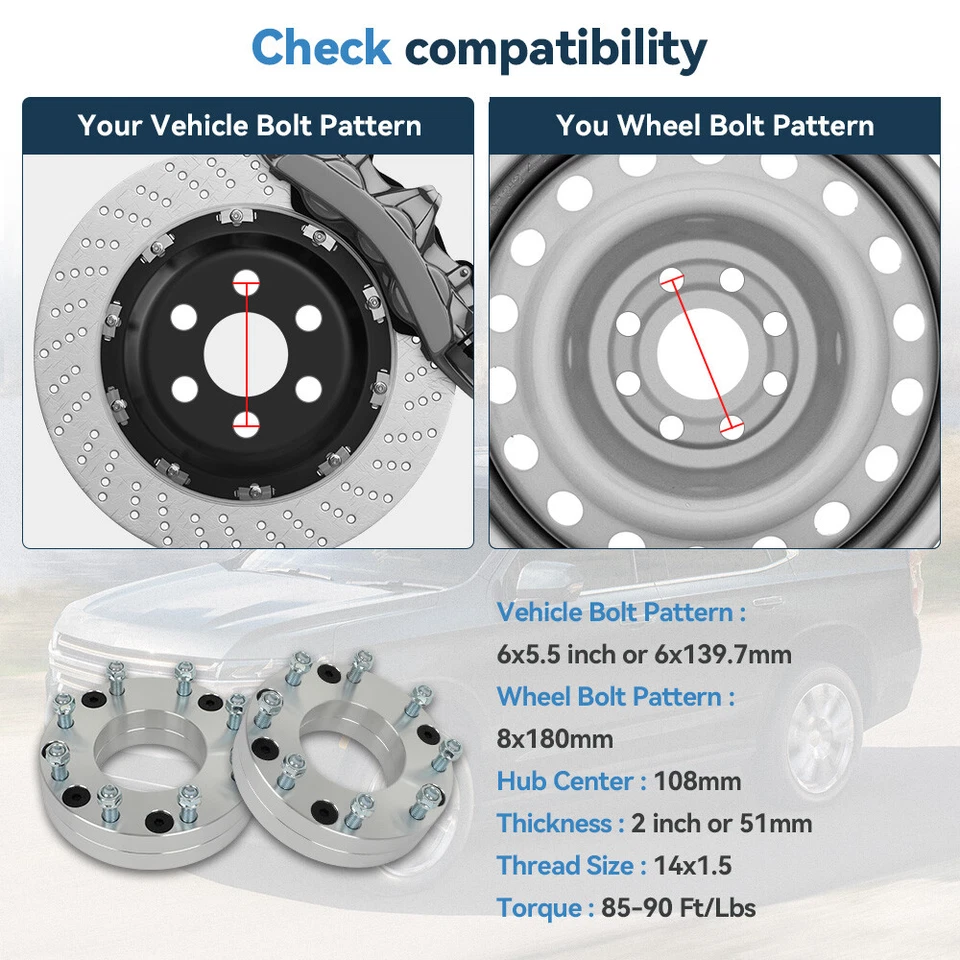 Adaptadores de roda 4 peças 2" 6x5,5 a 8x180 14x1,5 para rodas Chevy GMC 6 lugares a 8 lugares - Imagem 2 de 4