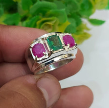 Natural Emerald Stone With Natural Red Rubies Stones Band Silver 925 Unisex Band