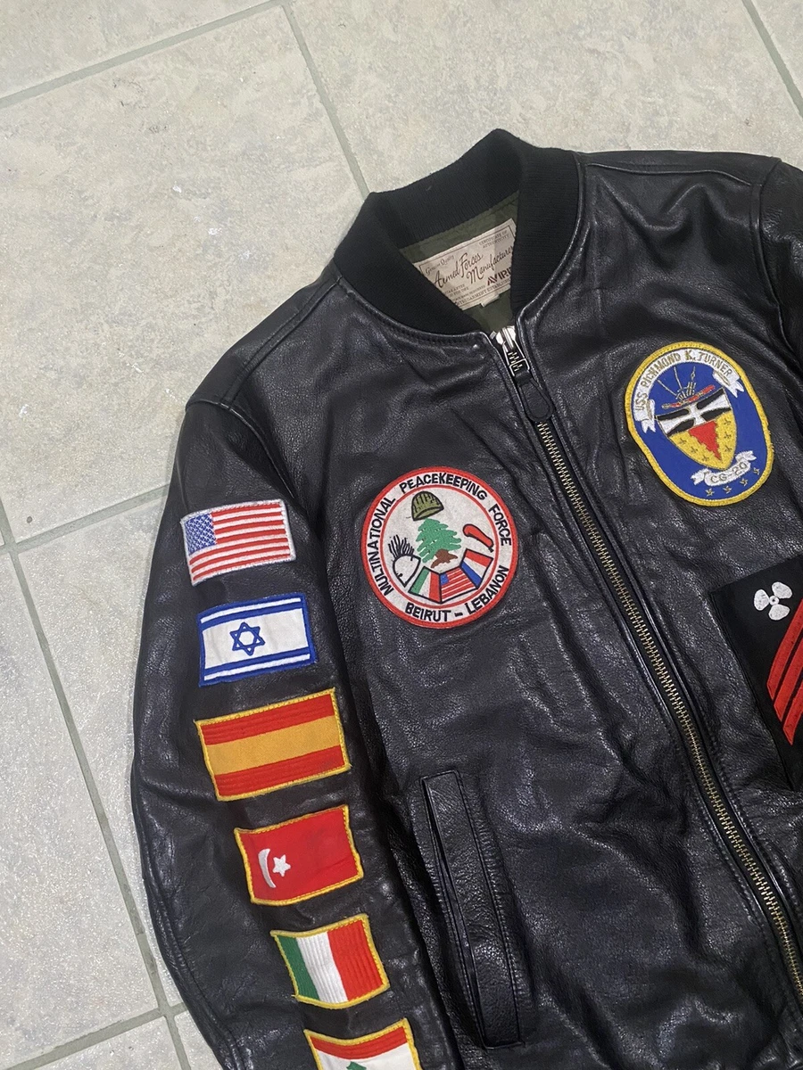 AVIREX LEATHER BOMBER JACKET USA NAVY PILOT PATCH COAT LEBANON