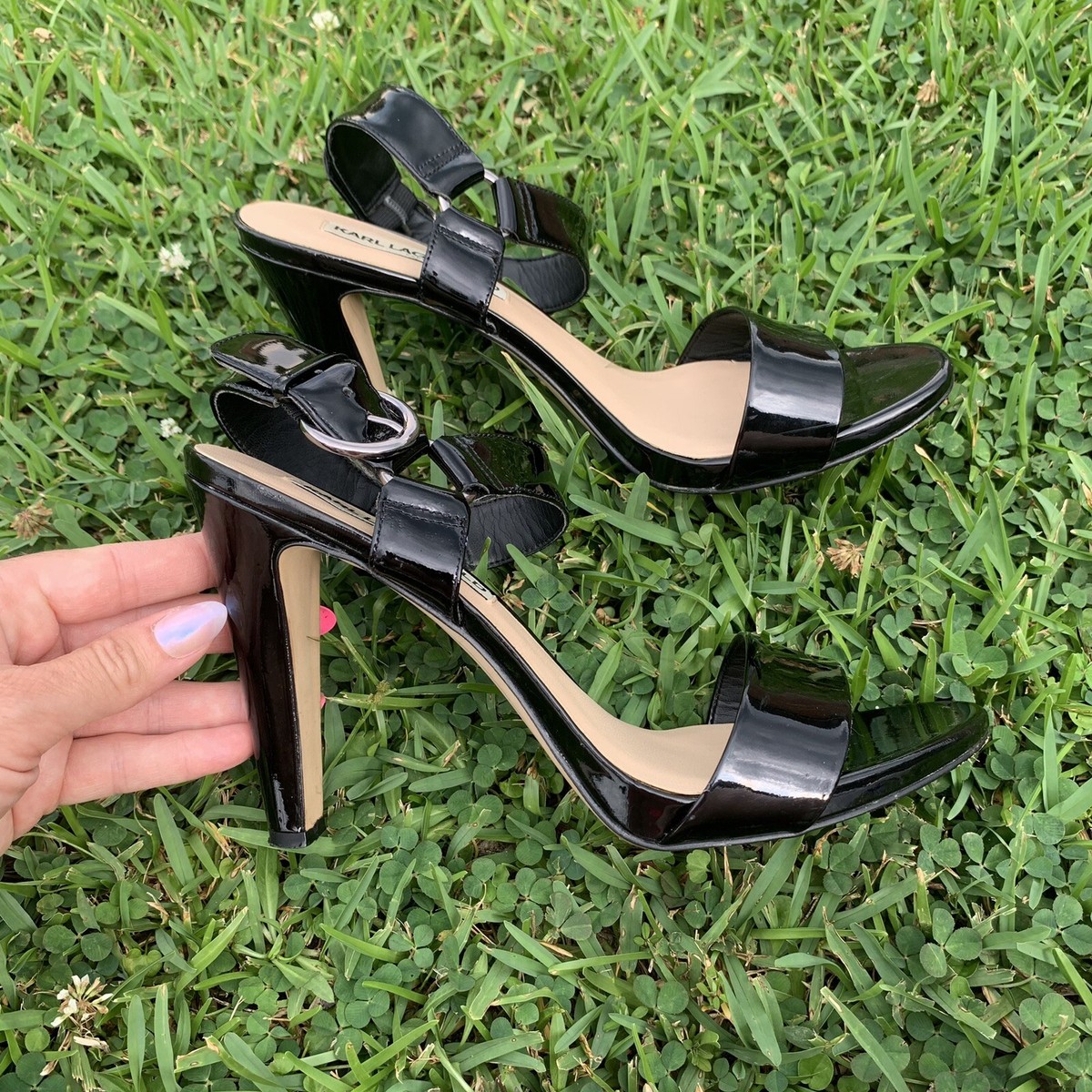 Karl Lagerfeld Paris Black Cieone Ankle Strap Patent Dress Heels 