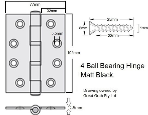 6 X MATT BLACK STAINLESS STEEL DOOR HINGES 100 x 75 BUTT HINGE BALL BEARING 4" - Picture 2 of 6