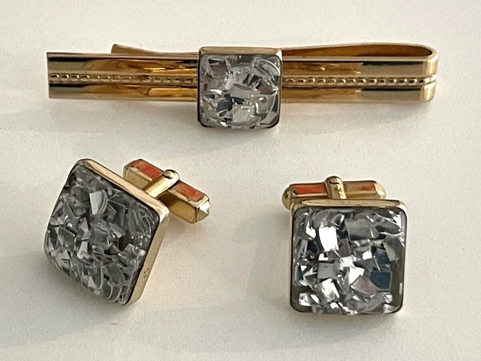 Vintage Anson Cufflins & Tie Bar Clip Set Gold With Silver Confetti 1960's - Image 3 of 4
