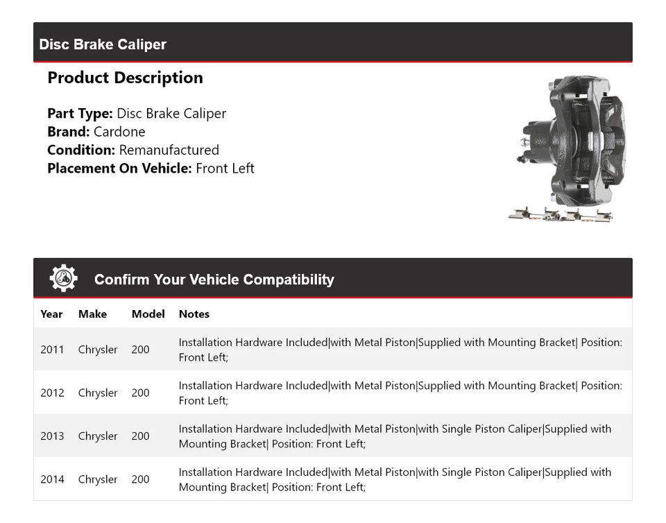 Pinza de freno de disco delantera izquierda Cardone 2012 2013 para Chrysler 200 2011-2014 Foto 2 de 4