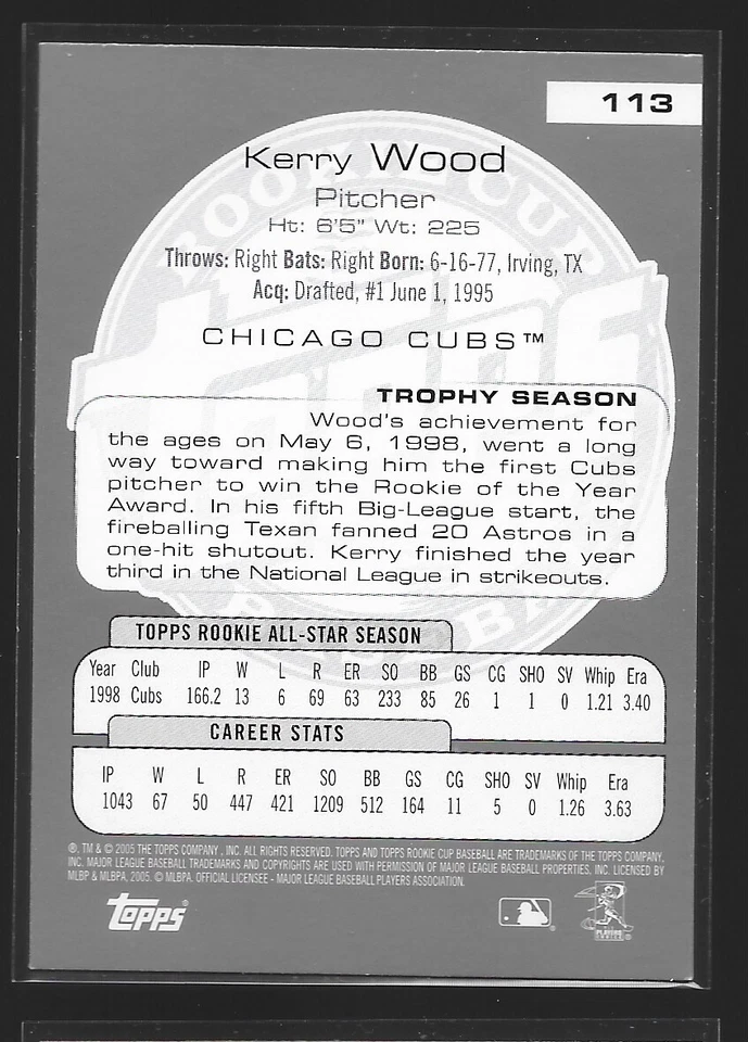 2005 Topps Rookie Cup - Kerry Wood #113 Chicago Cubs - Image 2 of 2