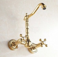 Golden Brass Bathroom Basin Dual Cross Knobs Handles Wall Mount Sink Mixer Taps