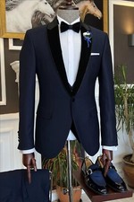Men's Navy Blue Slim Formal Luxury Evening Prom Party Groom Tuxedo Wedding Suit