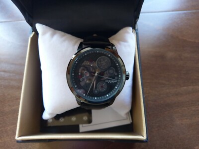 Akribos XXIV AK855BK, Skeleton Automatic Watch, Black Leather Strap, USA 