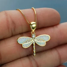 White Opal Dragonfly Gold Pendant Necklace Cyrstal - Beautiful Nature, Elegant