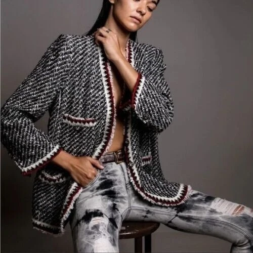 Neuf avec tiquettes veste Zara Tweed Boucle Perle Gems Bouton Veste Manteau Bla