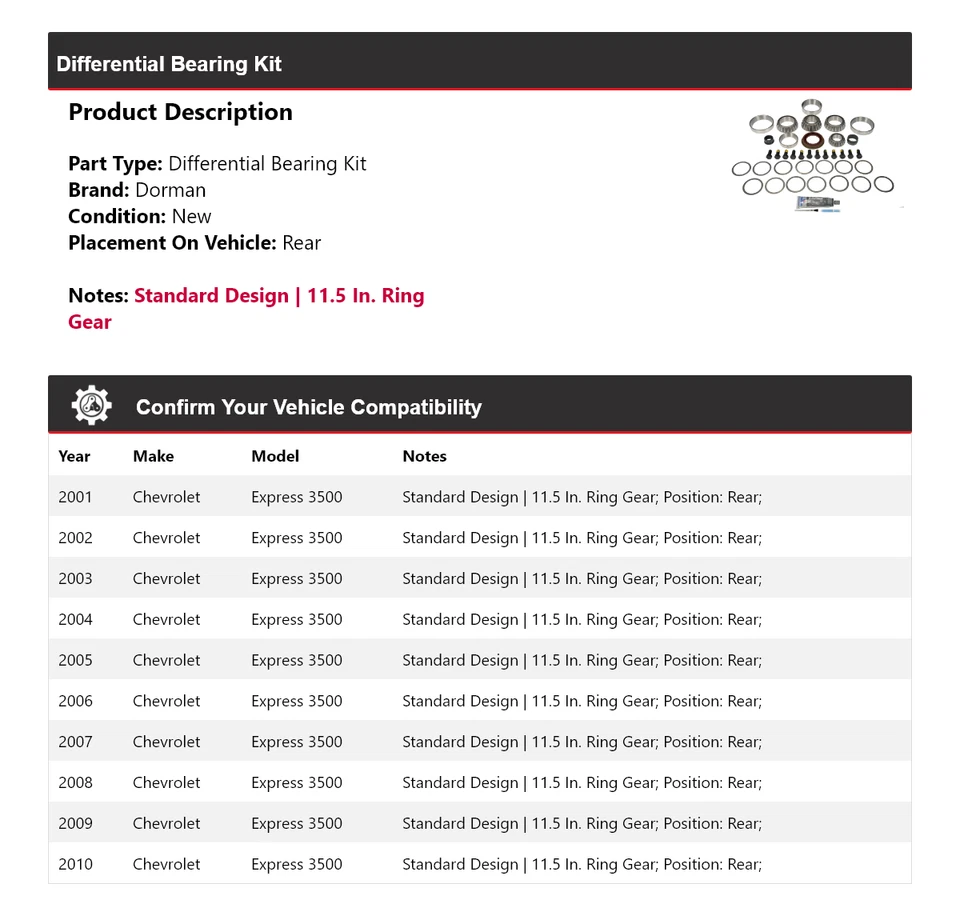 Kit de cojinete diferencial trasero 2002 para Chevrolet Express 3500 Dorman 2001-2010 Foto 2 de 4