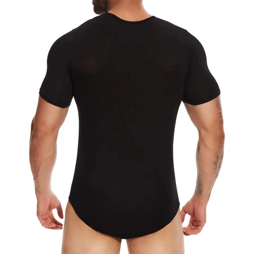 Camiseta interior de leotardo de color liso para hombre Botón a presión Entrepierna Body Manga corta - Imagen 7 de 26