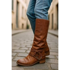 Not Rated Womens Brown Faux Leather Tall Knee High Chain Embellished Boots Sz 7