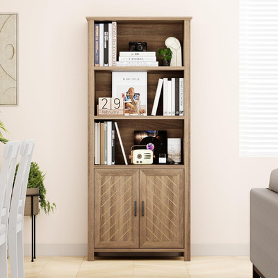Elegant 70'' Farmhouse Bookshelf with Doors - 5-Tier Adjustable Storage Solution