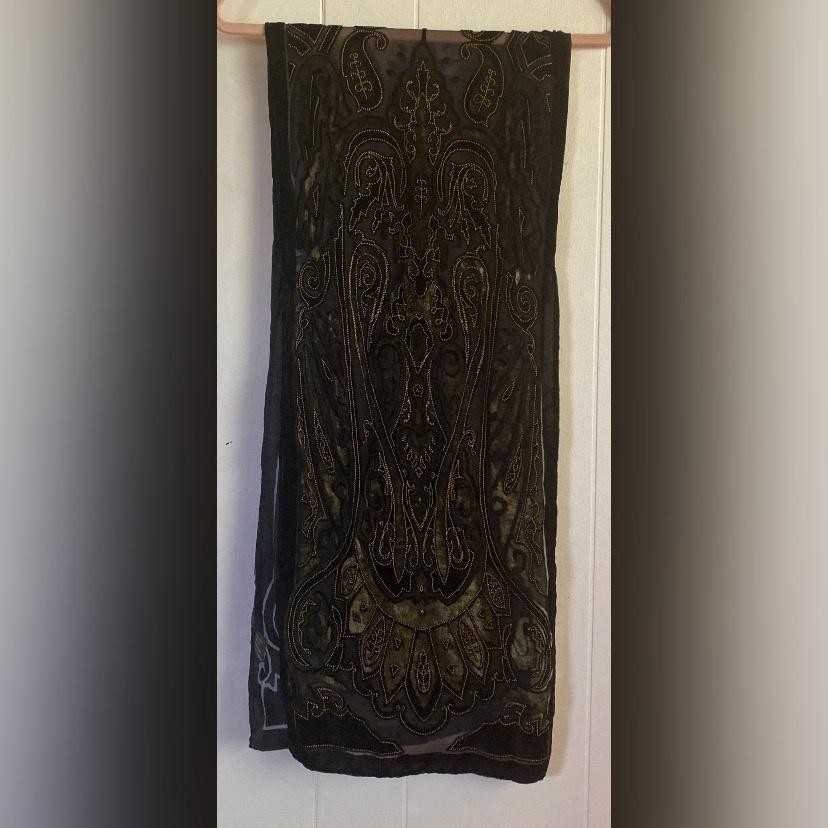 J & X Rectangle Scarf Women’s Long  Black Paisley Velvet Silk Burnout