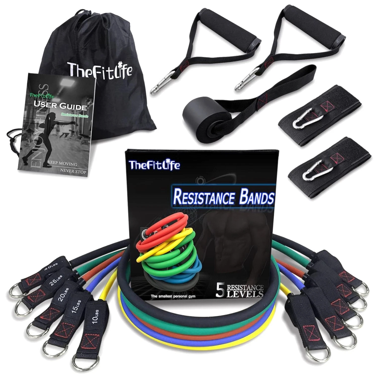 5-Piece Resistance Bands Set - 110/150/200/250/300 lbs
