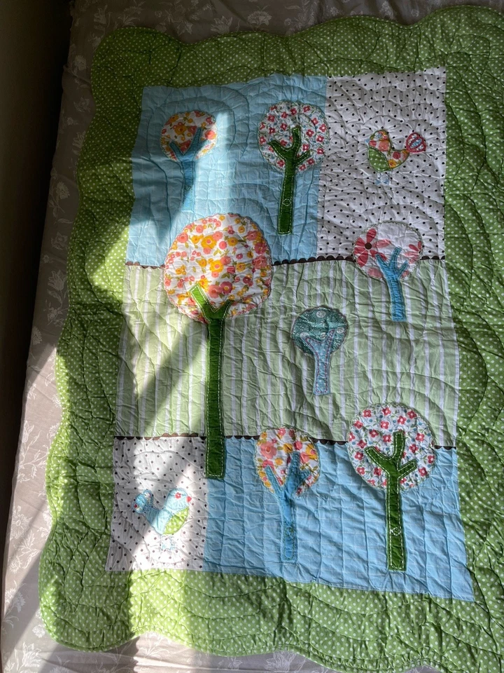 Pottery Barn Kids Brooke Nursery Patchwork Quilt - Green Border - TREES - 32x46 - Image 3 of 4