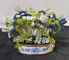 Vtg Seed Bead Blue White Floral Spring w Limoges France Trinket Box Planter/Vase