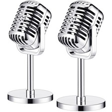 Chivao 2 Pack Retro Microphone Props Model Vintage Stage Table Bright Silver