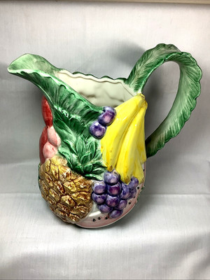 1988 Fitz & Floyd Calypso Fruit Grapes Bananas Apples Large Majolica Pitcher  84