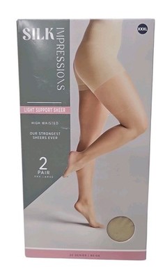 Silk Impressions 2 Pair Light Support Sheer High Waisted Pantyhose Beige XXXL