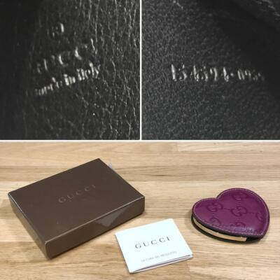 GUCCI Heart Hand Mirror GG Pattern Purple Leather Case With Box Used