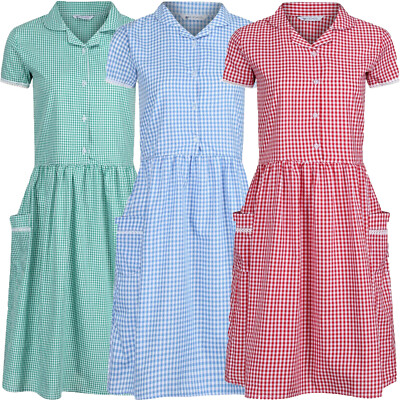 MÄDCHEN GINGHAM SCHULE SOMMERKLEID MIT TASCHEN UND SPITZENDETAIL ALTER 3-12Y