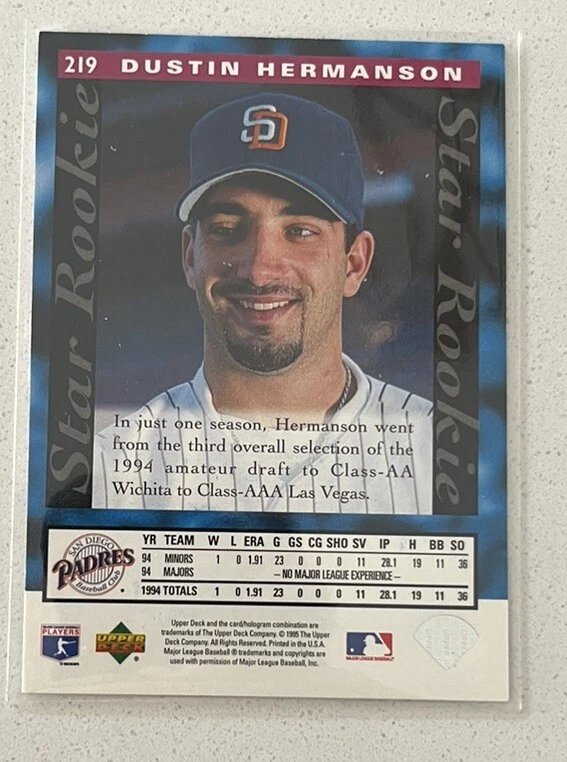 1995 Upper Deck #219 Dustin Hermanson Auto Autograph Signed San Diego Padres - Image 2 of 2