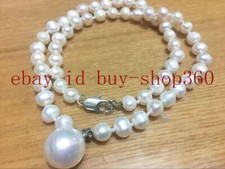 Fashion 7-8mm White Sea Cultured Pearl 12mm Shell Pearl Pendant Necklace 18''